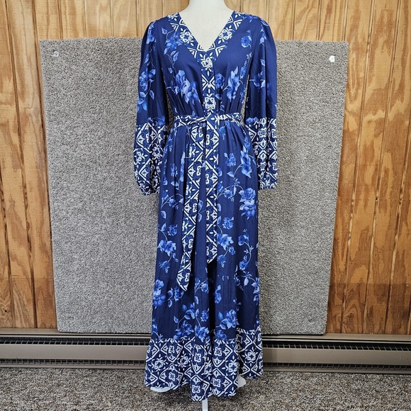 CELINA MOON Dresses & Skirts - Celina Moon Floral Maxi Dress Long Sleeve Boho Size Small Blue Printed NWT